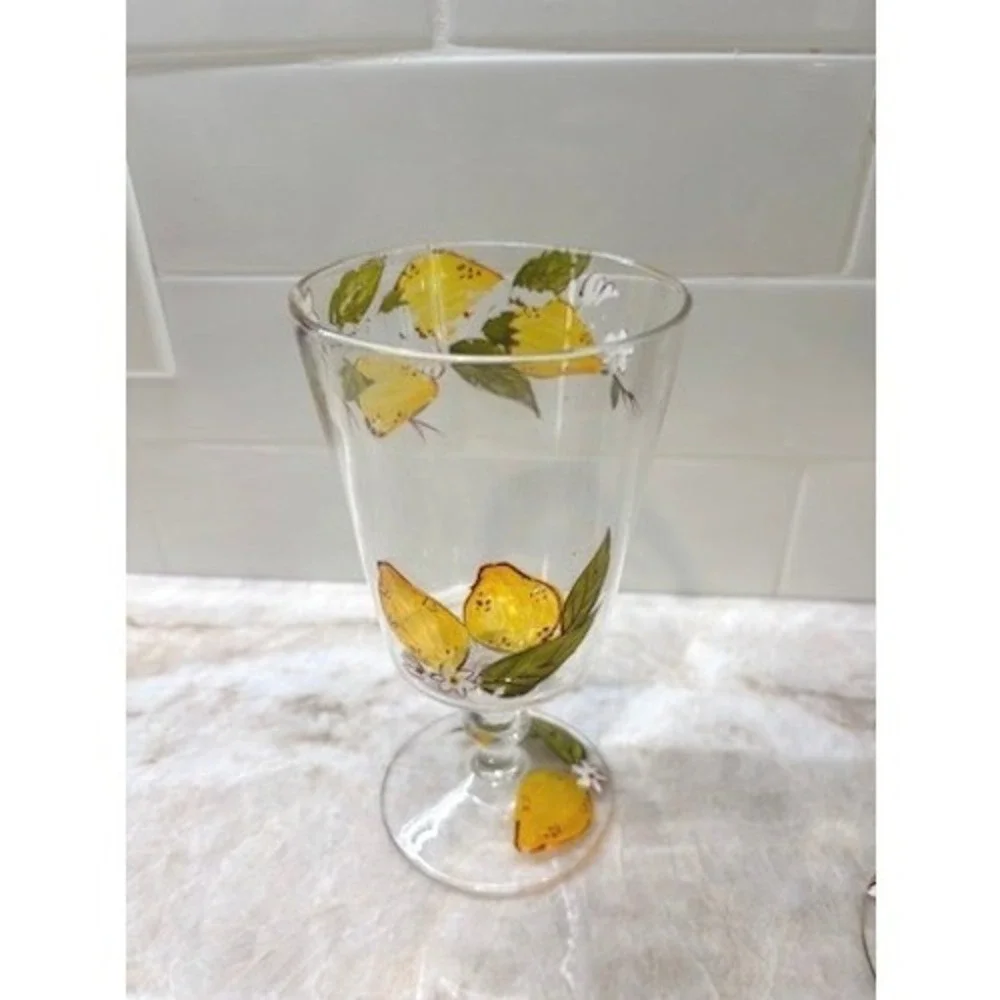 Vintage Lemon Motif Hand Painted Stem Glasses Set 3 Italian Style Citrus Goblets